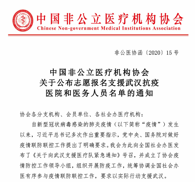 中國非公立醫療機構協會關于公布志愿報名支援武漢抗疫醫院和醫務人員名單的通知